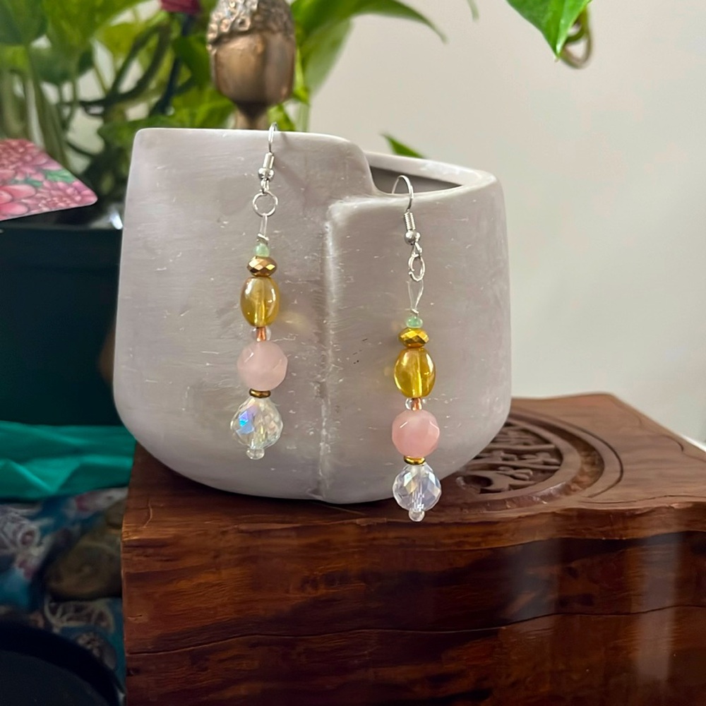 Rose Quartz and Crystal Dangle Earrings
